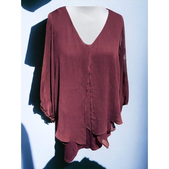 APT 9 LADIES SOLID BURGUNDY VNECK 2 PIECE PULLOVER TUNIC SHEER SHELL ARMS NEW XL - Picture 1 of 6